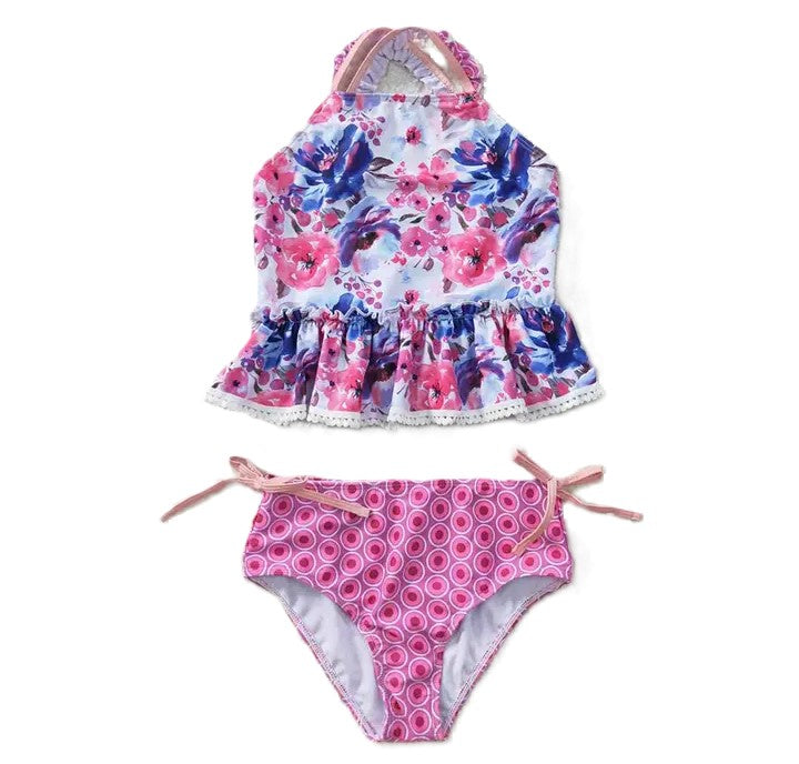 Youth Girls Blue and Pink Flowers 2-Piece Swimsuit