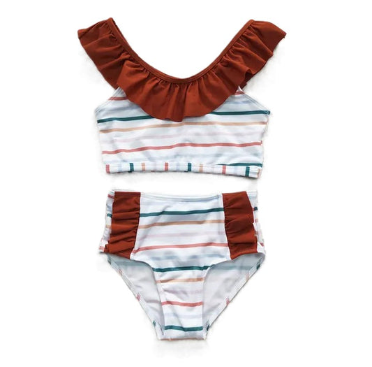 Youth Girls Stripe Ruffle 2-Piece Swimsuit